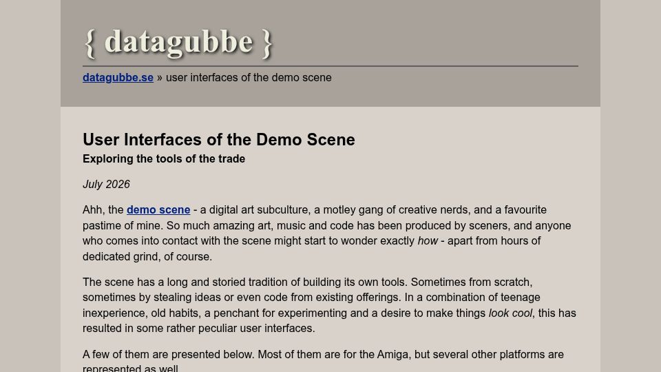 Screenshot of datagubbe.se: User Interfaces of the Demo Scene