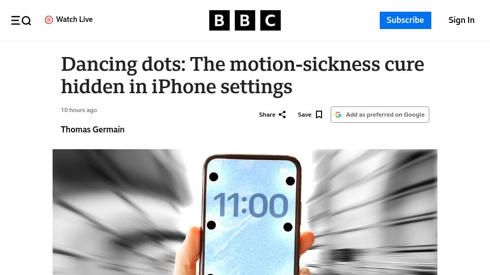 Screenshot of bbc.com: The motion-sickness cure hidden in iPhone settings