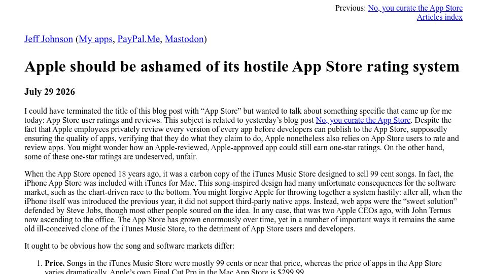 Screenshot of lapcatsoftware.com: Apple should be ashamed of its hostile App Store rating system