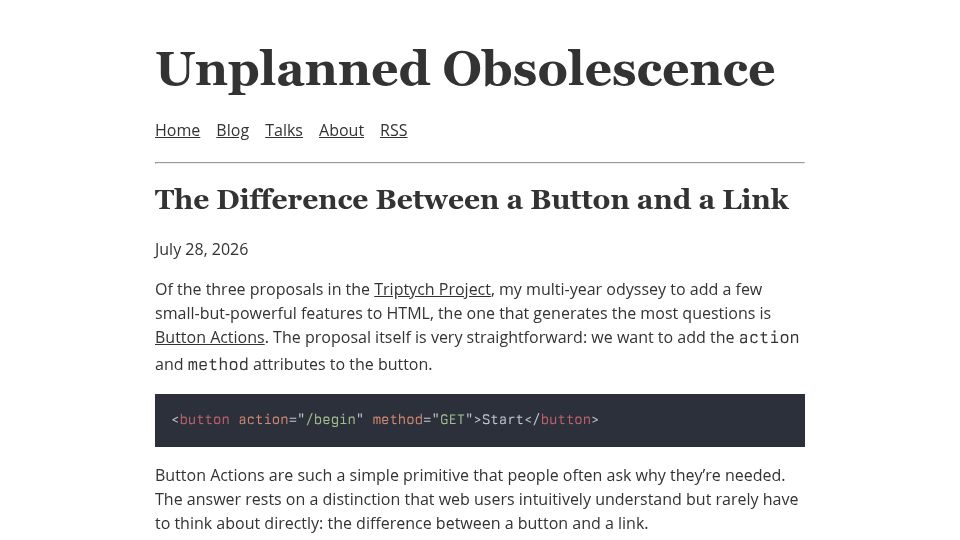 Screenshot of unplannedobsolescence.com: The Difference Between a Button and a Link