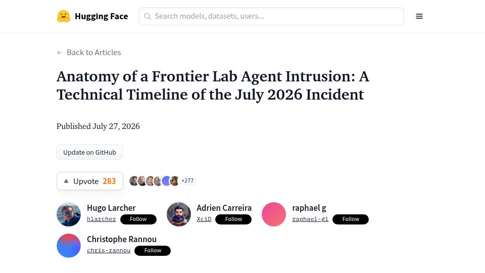 Screenshot of huggingface.co: Anatomy of a Frontier Lab Agent Intrusion: A Timeline of the July 2026 Incident