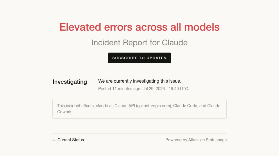 Screenshot of status.claude.com: Claude: Elevated errors across all models
