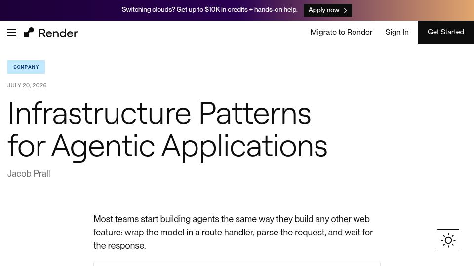 Screenshot of render.com: Infrastructure Patterns for Agentic Applications
