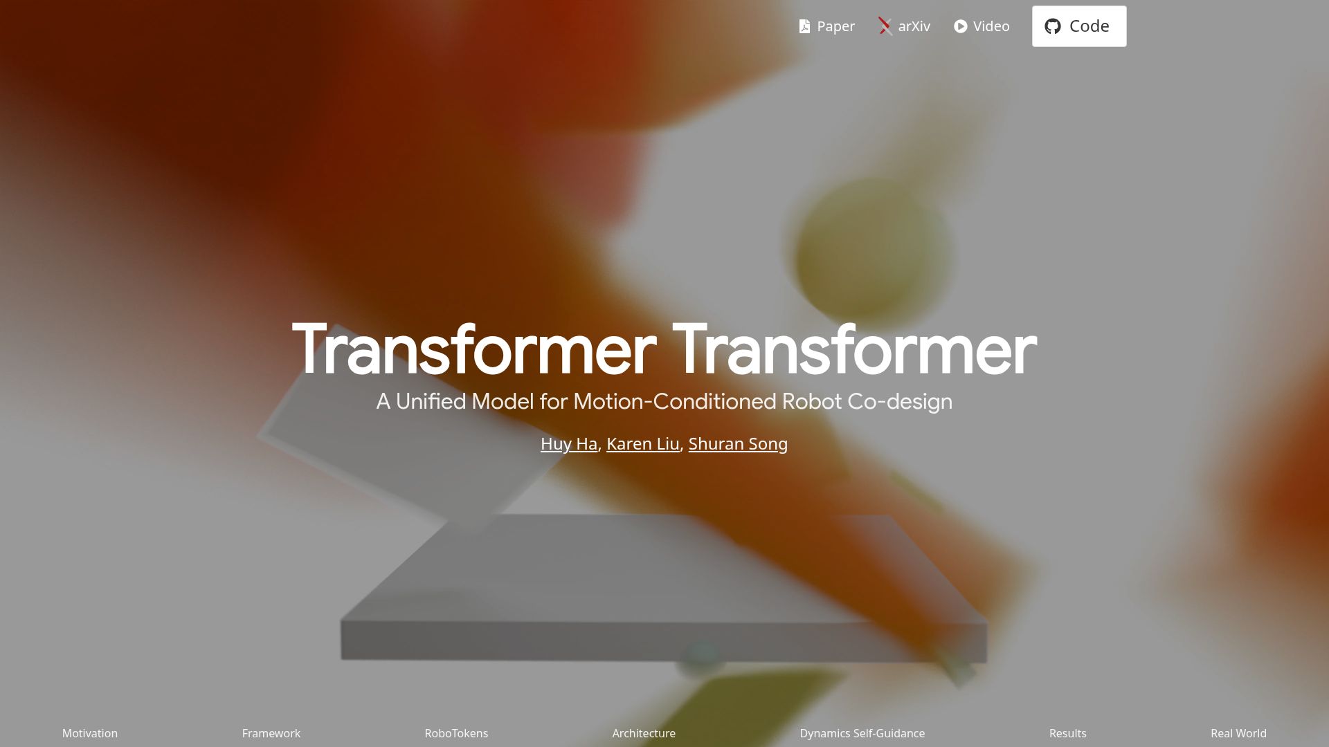 Screenshot of transformer-transformer.github.io: Transformer Transformer: A Unified Model for Motion-Conditioned Robot Co-Design