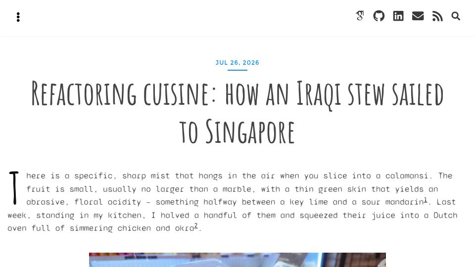 Screenshot of iza.ac: Refactoring cuisine: how an Iraqi stew sailed to Singapore
