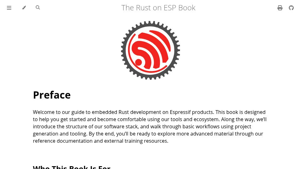 Screenshot of docs.espressif.com: The Rust on ESP Book