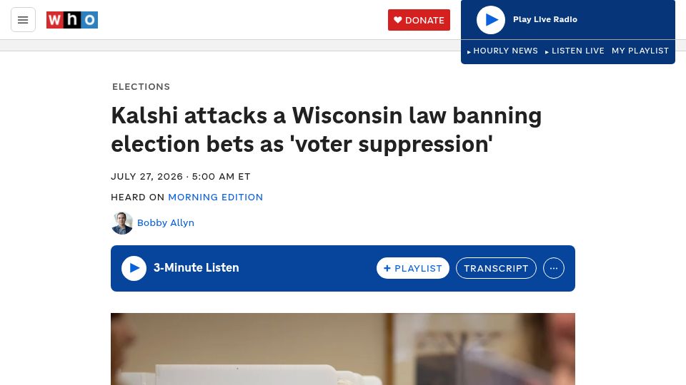 Screenshot of npr.org: Kalshi attacks a Wisconsin law banning election bets as 'voter suppression'