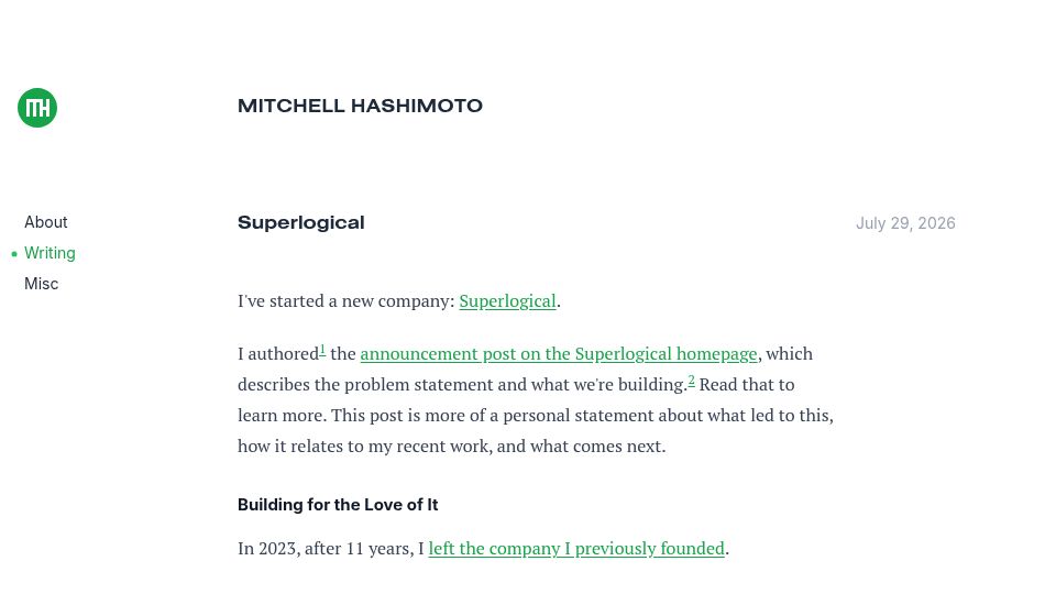 Screenshot of mitchellh.com: Superlogical – Mitchell Hashimoto
