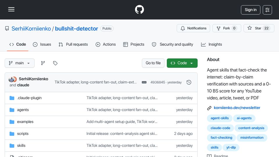 Screenshot of github.com: Show HN: Bullshit Detector – agent skills that fact-check videos and articles
