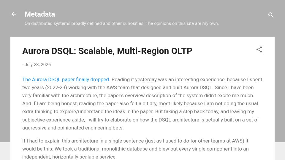 Screenshot of muratbuffalo.blogspot.com: Aurora DSQL: Scalable, Multi-Region OLTP