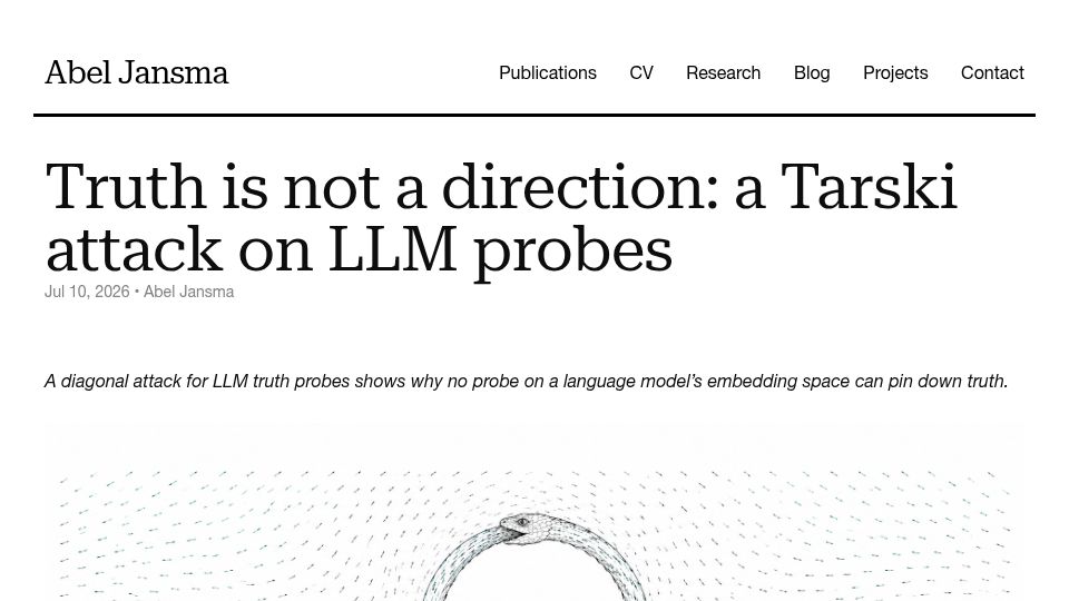 Screenshot of abeljansma.nl: Truth is not a direction: a Tarski attack on LLM probes