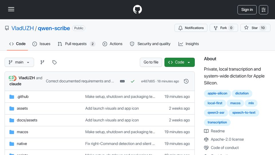 Screenshot of github.com: Show HN: Qwen Scribe – local transcription and dictation for Apple Silicon