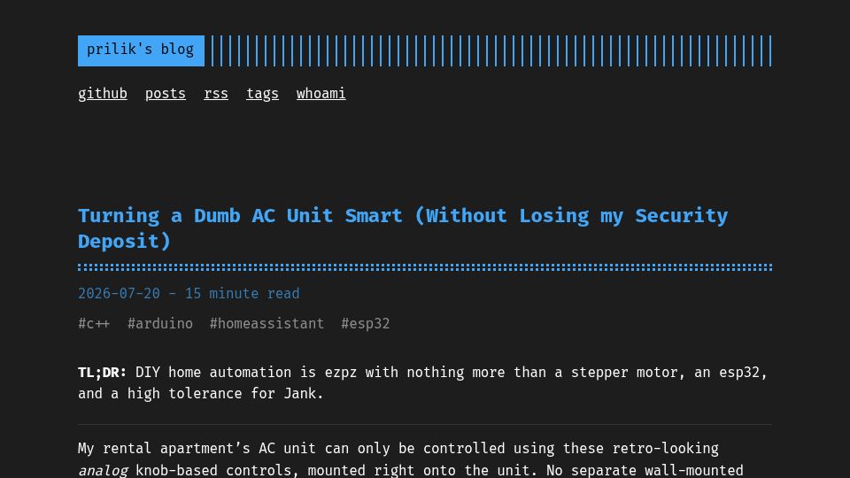 Screenshot of prilik.com: Turning a dumb AC unit smart (without losing my security deposit)