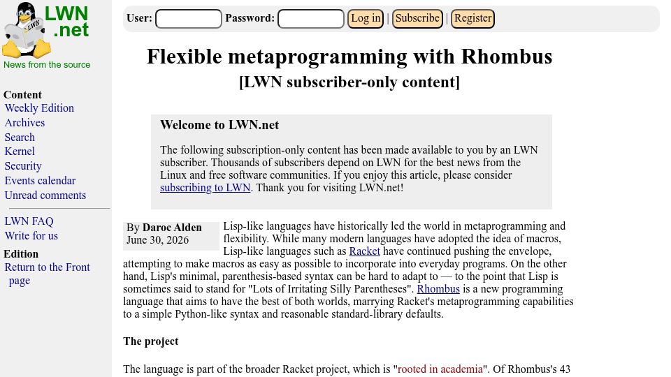 Screenshot of lwn.net: Flexible metaprogramming with Rhombus