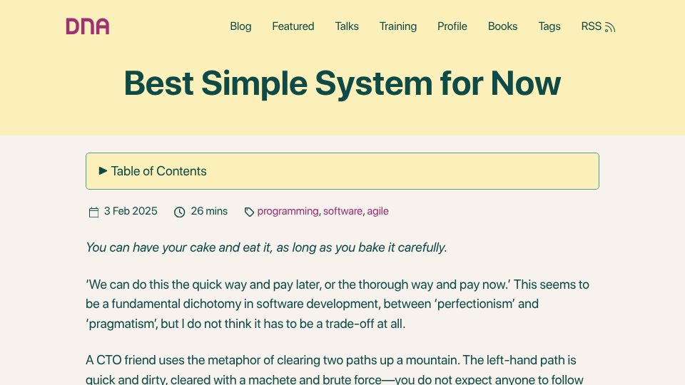 Screenshot of dannorth.net: Best Simple System for Now (2025)