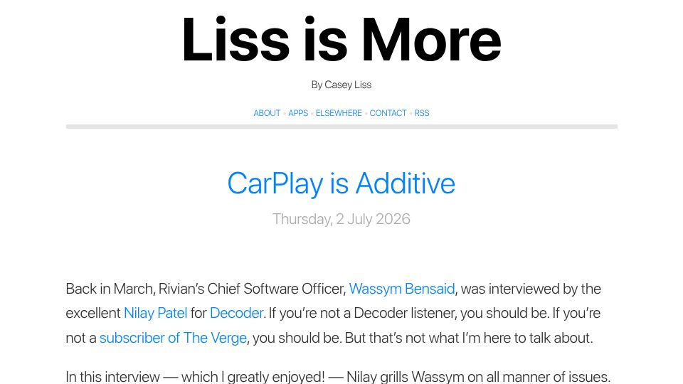 Screenshot of caseyliss.com: CarPlay Is Additive
