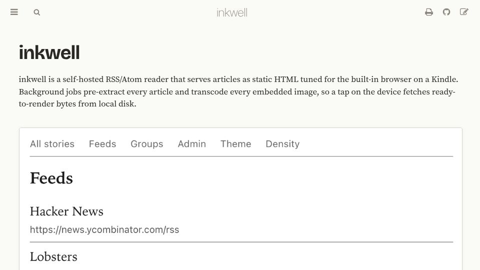 Screenshot of kendal.codeberg.page: Show HN: Inkwell – An RSS reader for e-ink devices