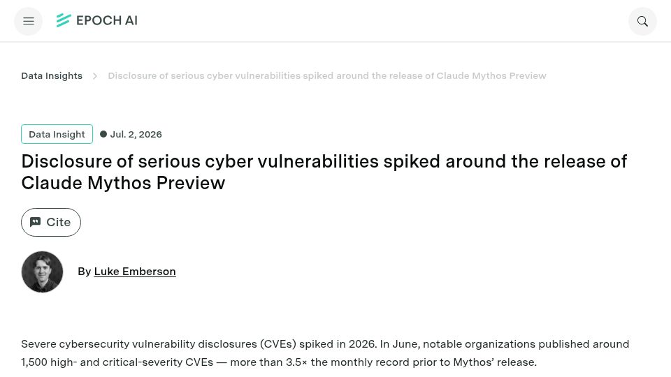 Screenshot of epoch.ai: New serious vulnerabilities spiked around release of Claude Mythos Preview
