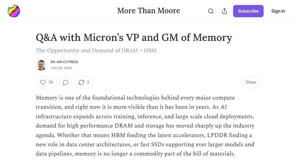 Screenshot of morethanmoore.substack.com: Q&A with Micron's VP and GM of Memory