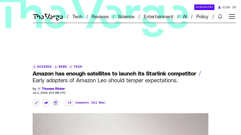 Screenshot of theverge.com: Amazon has enough satellites to launch its Starlink competitor