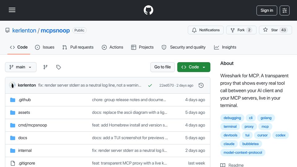 Screenshot of github.com: Show HN: Mcpsnoop – Wireshark for MCP (transparent proxy and live TUI)