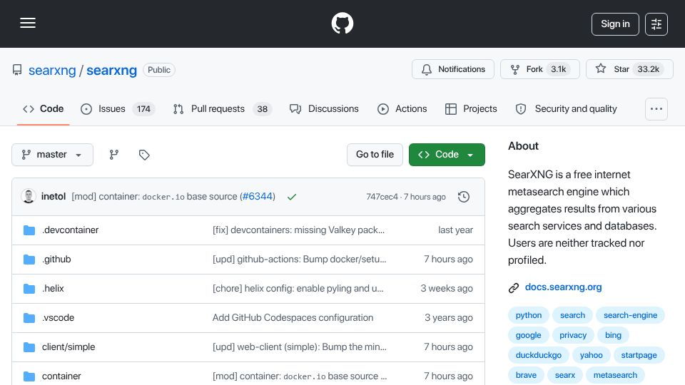 Screenshot of github.com: SearXNG: A free internet metasearch engine