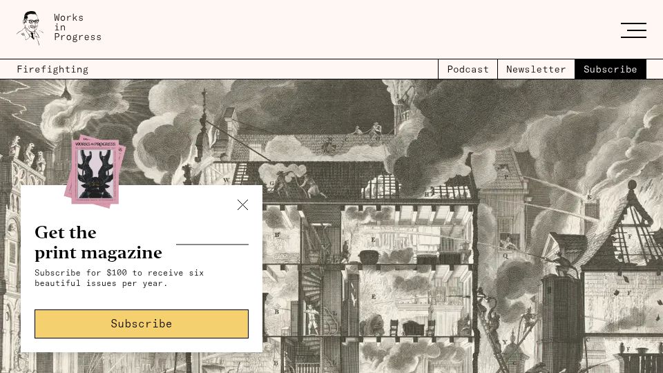 Screenshot of worksinprogress.co: The firefighting system of the Van der Heyden brothers in 17th century Amsterdam