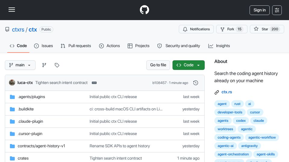 Screenshot of github.com: Show HN: ctx – Search the coding agent history already on your machine