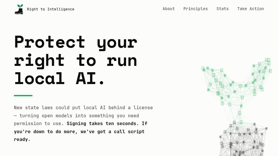 Screenshot of righttointelligence.org: Protect your right to run local AI