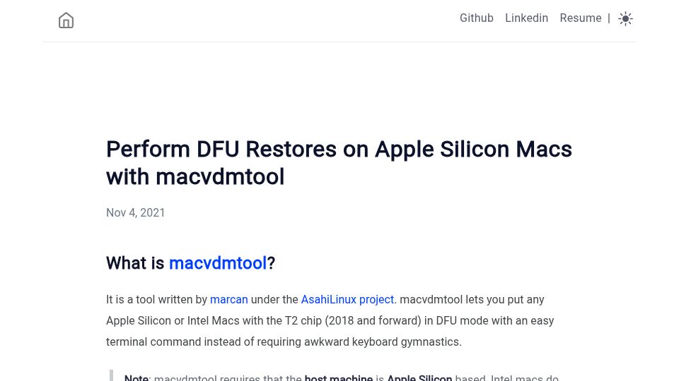 Screenshot of bkurtz.io: Perform DFU Restores on Apple Silicon Macs with Macvdmtool (2021)