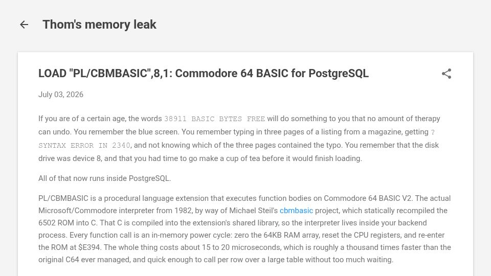 Screenshot of thombrown.blogspot.com: Commodore 64 Basic for PostgreSQL