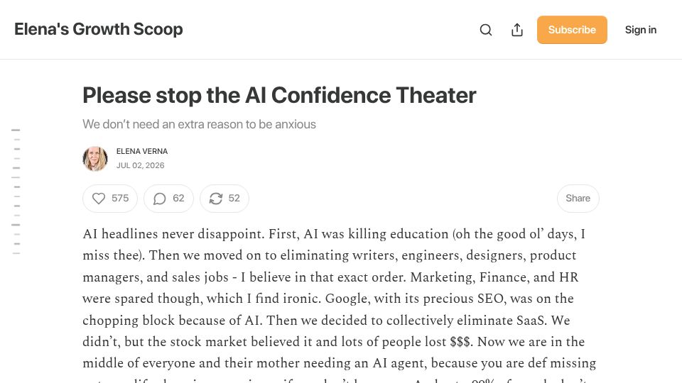 Screenshot of elenaverna.com: Please stop the AI confidence theater