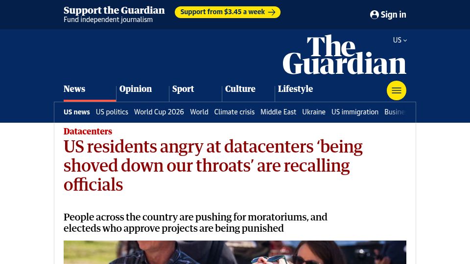 Screenshot of theguardian.com: US residents angry datacenters 'shoved down our throats' are recalling officials