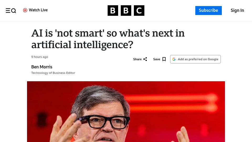 Screenshot of bbc.com: AI is 'not smart' so what's next in artificial intelligence?