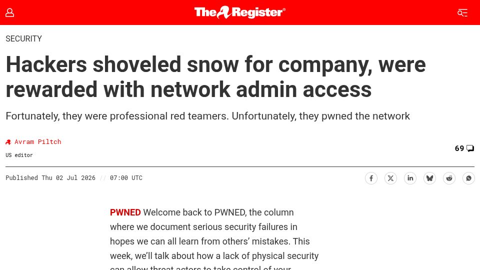 Screenshot of theregister.com: Hackers shoveled snow for company, were rewarded with network admin access