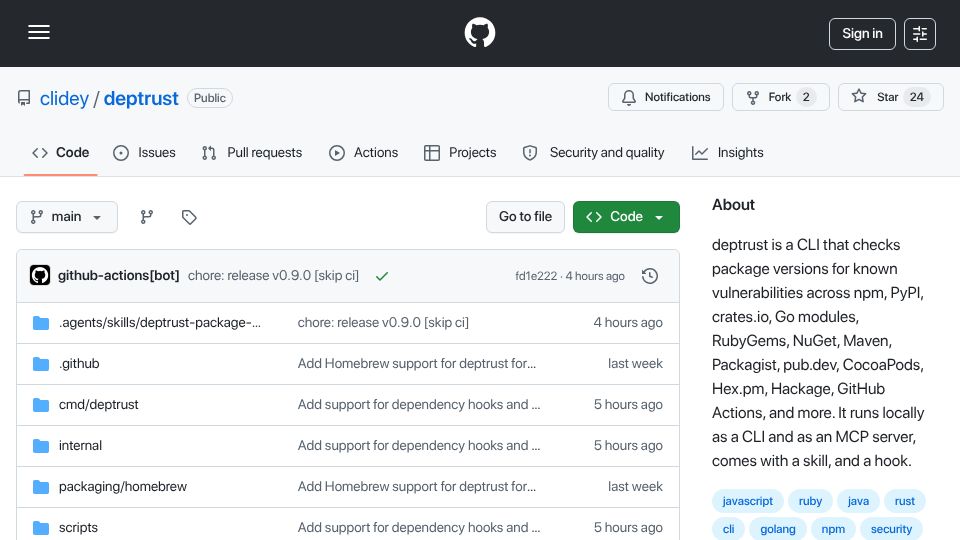 Screenshot of github.com: Show HN: CLI that helps AI agents avoid vulnerable dependencies