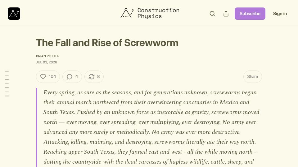 Screenshot of construction-physics.com: The Fall and Rise of Screwworm