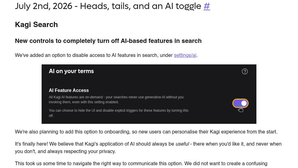 Screenshot of kagi.com: Kagi Changelog (July 2): Heads, tails, and an AI toggle
