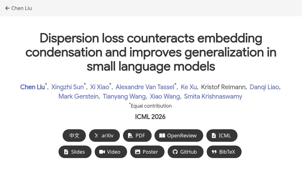 Screenshot of chenliu-1996.github.io: Dispersion loss counteracts embedding condensation in small language models