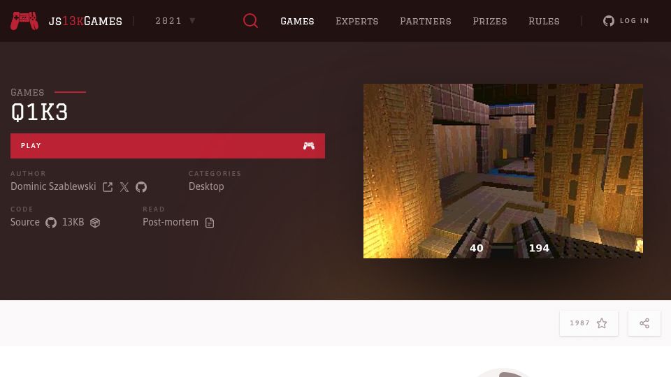Screenshot of js13kgames.com: Quake in 13 Kilobytes (2021)