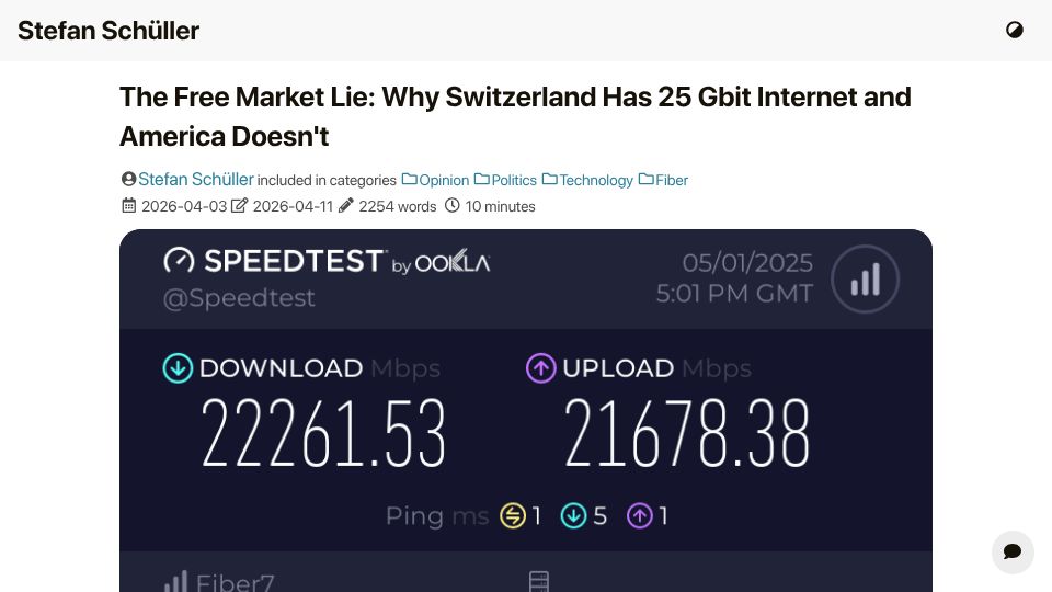 Screenshot of stefan.schueller.net: Why Switzerland has 25 gbit internet and America doesn't