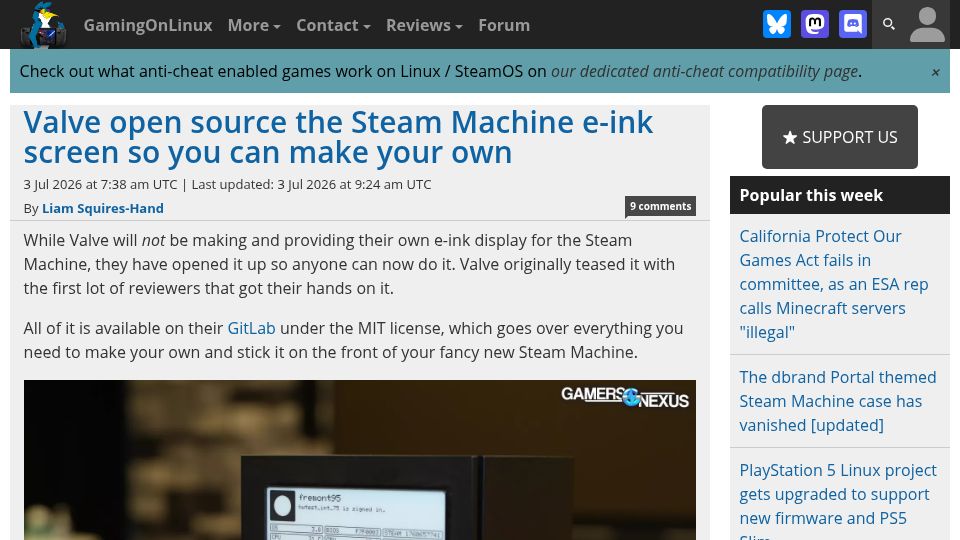 Screenshot of gamingonlinux.com: Valve open-source the Steam Machine e-ink screen so you can make your own
