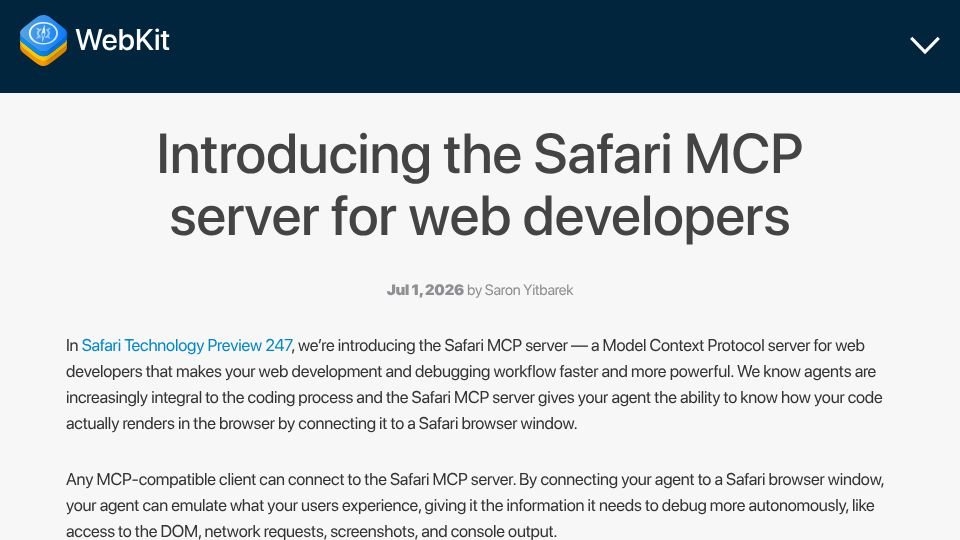 Screenshot of webkit.org: The Safari MCP server for web developers