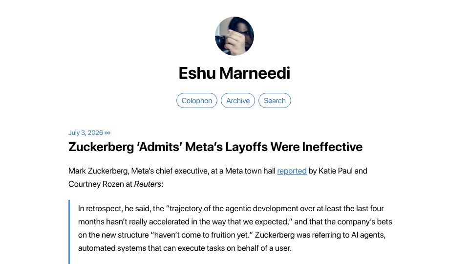 Screenshot of eshumarneedi.com: Zuckerberg 'Admits' Meta's Layoffs Were Ineffective