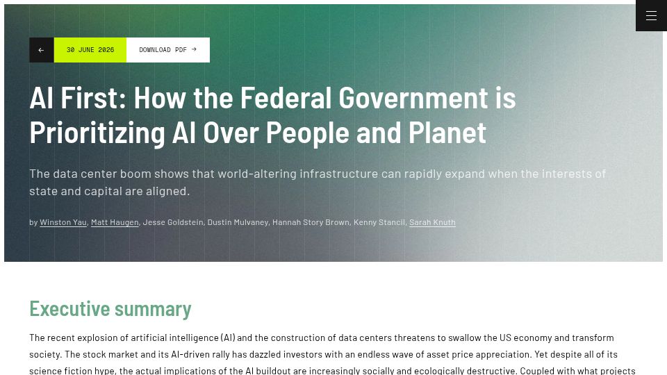 Screenshot of stopgreedbuildgreen.climateandcommunity.org: AI First: How the Federal Government Is Prioritizing AI over People and Planet