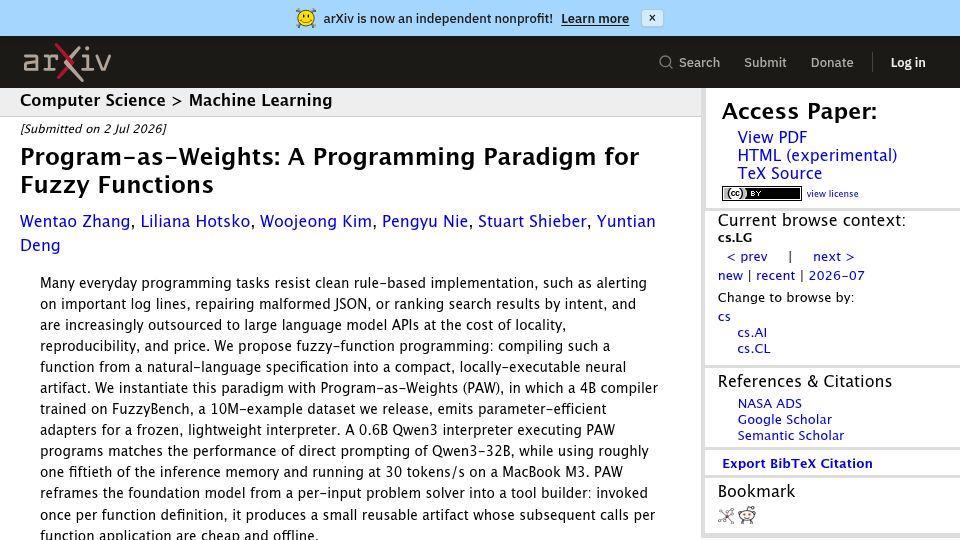 Screenshot of arxiv.org: Program-as-Weights: A Programming Paradigm for Fuzzy Functions