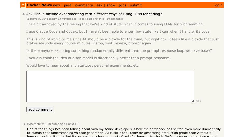 Screenshot of Hacker News post: Ask HN: Is anyone experimenting with different ways of using LLMs for coding?