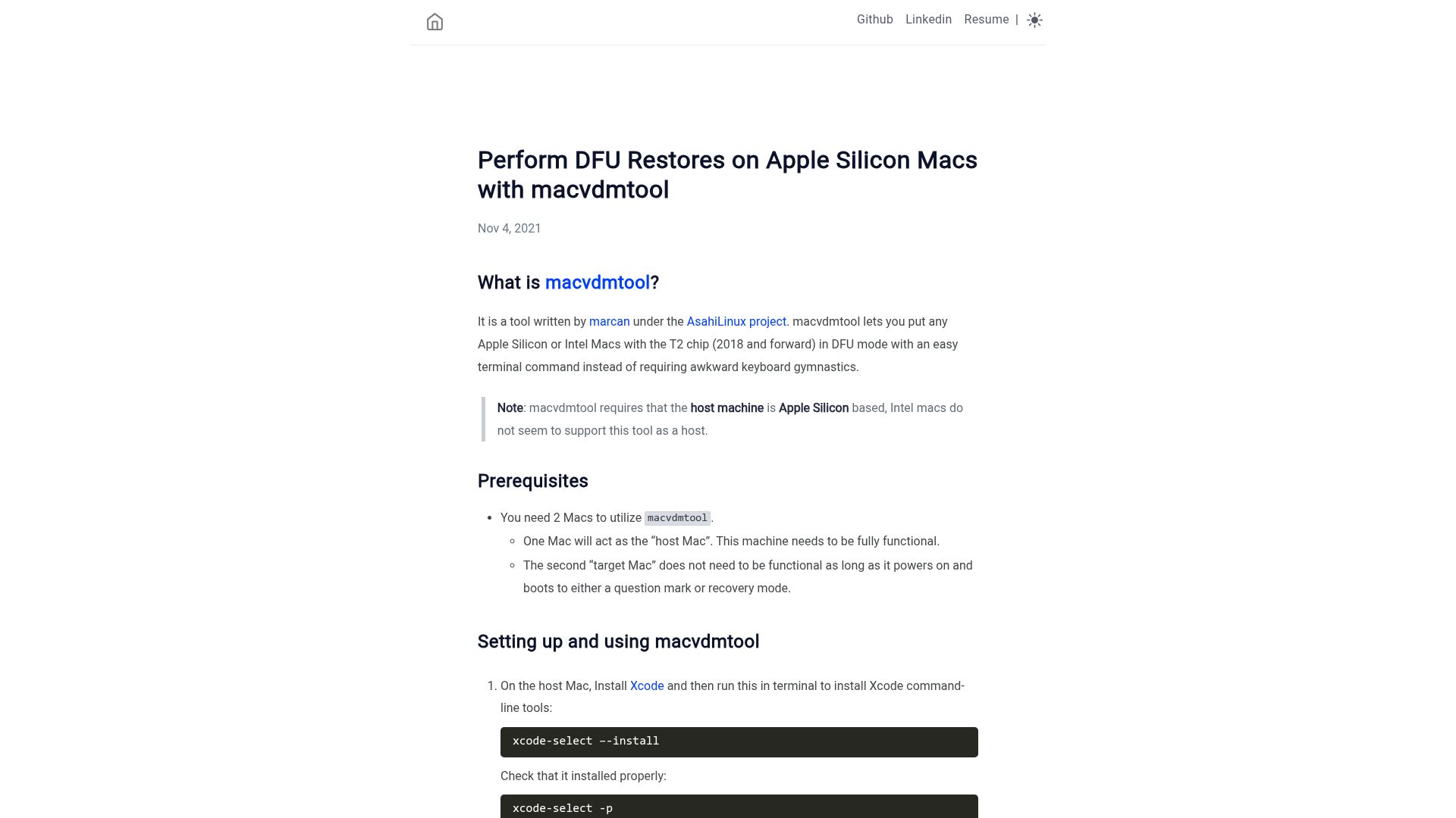 Screenshot of bkurtz.io: Perform DFU Restores on Apple Silicon Macs with Macvdmtool (2021)