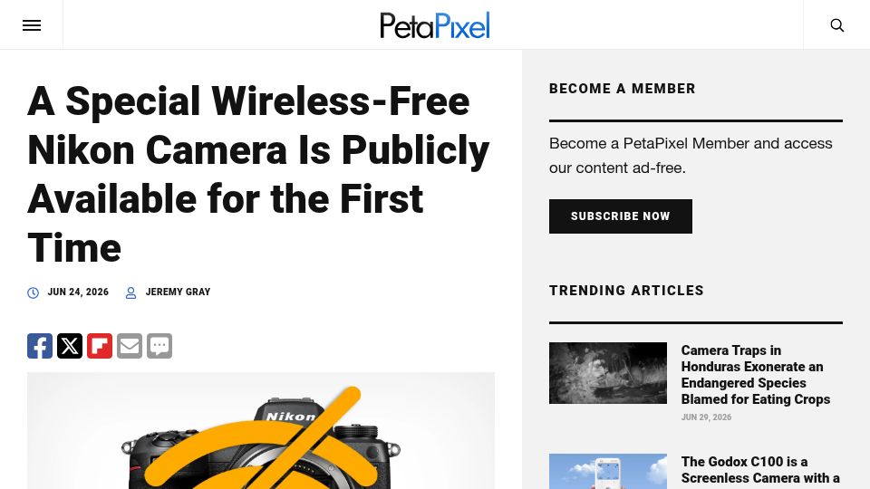 Screenshot of petapixel.com: A Special Wireless-Free Nikon Camera Is Publicly Available for the First Time