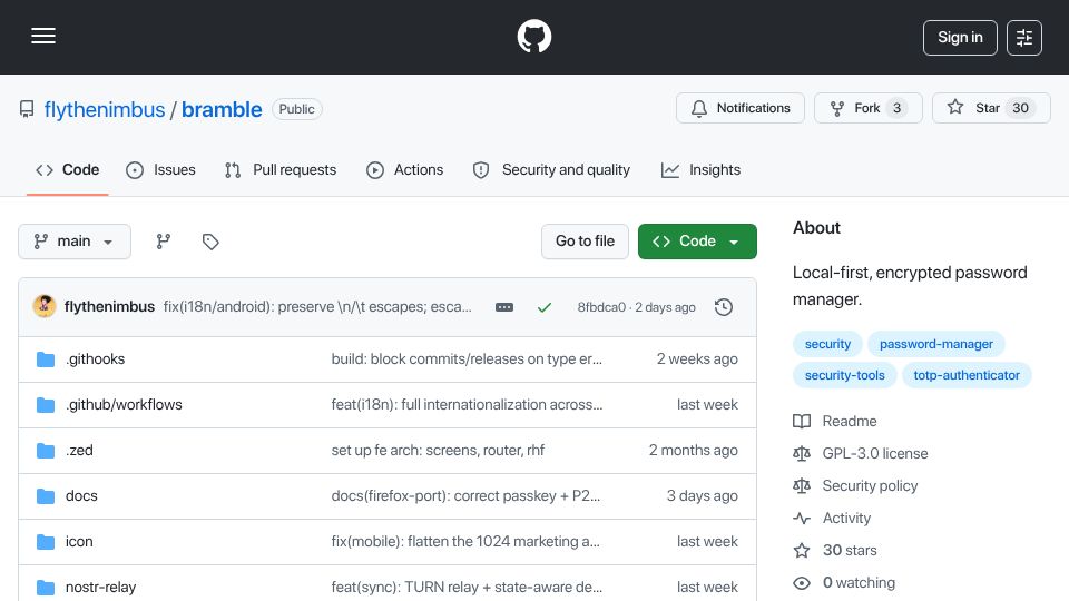 Screenshot of github.com: Show HN: Bramble – Local-first password manager